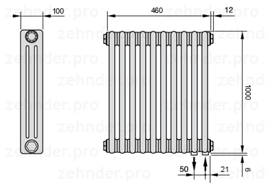 Схема (чертеж) Радиатор Zehnder Charleston 3100/10 №5510 Белый глянцевый RAL 9016